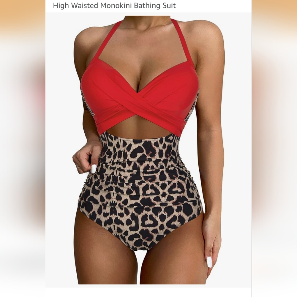 Red and Leopard Print One Piece Swimsuit
